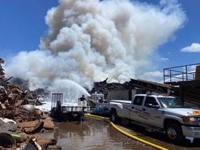 Southern Manatee Fire Rescue with North River Fire District respond to a large scrap metal fire near Sea Port Manatee in April 2022.